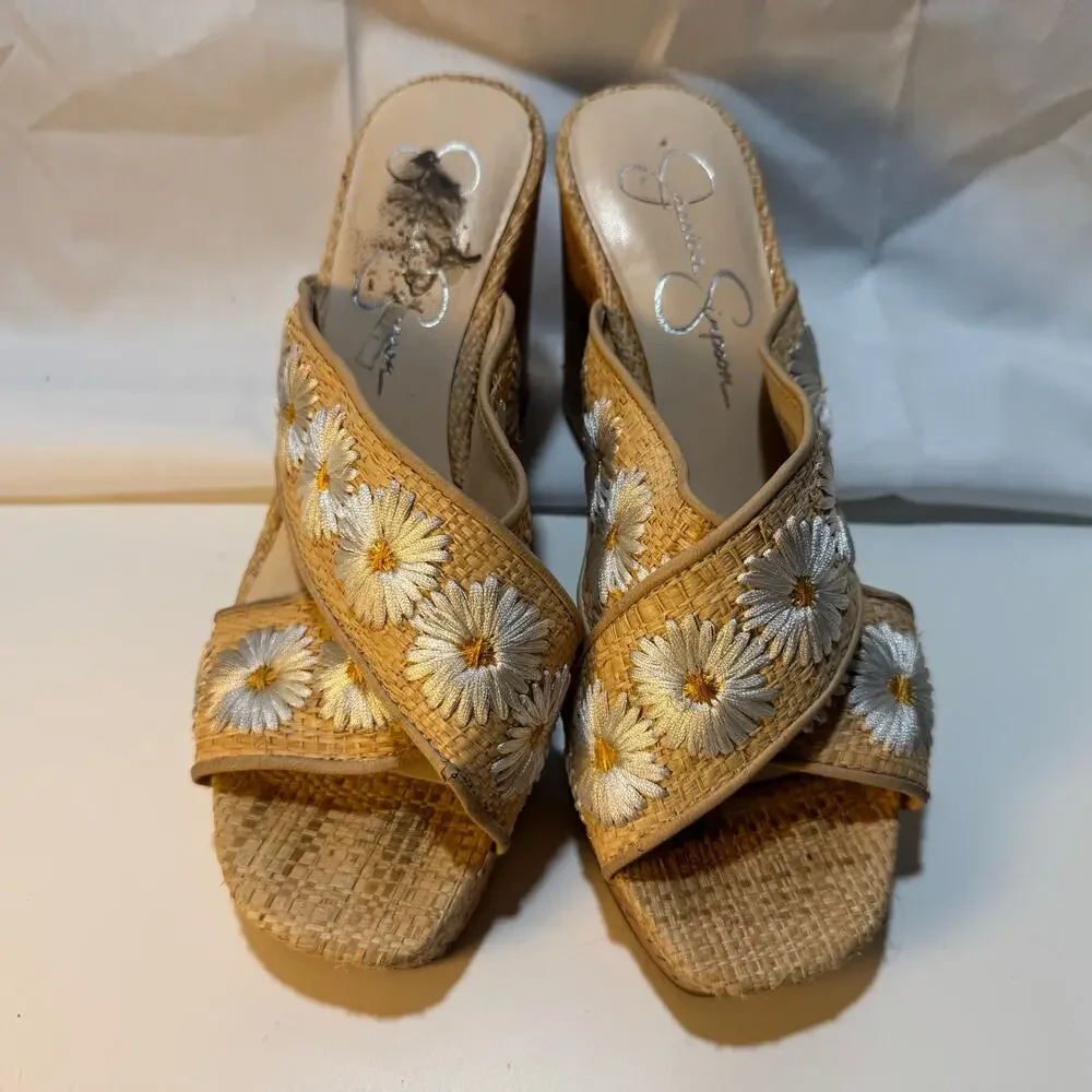 Womens Jessica Simpson Size 6.5 EU 37 Tan Cork Daisy Wedges Slip On JS-Seena A2